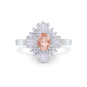Art Deco Vintage Oval Halo Wedding Ring Simulated Morganite CZ 925 Sterling Silver